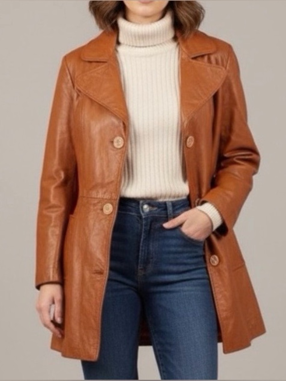 🇨🇦 Tan Leather vintage Jacket w/ Notched Lapel,  Tailored Fit, Made in Canada